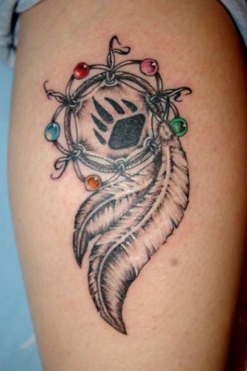 Color Dreamcatcher Tattoo On Side Leg